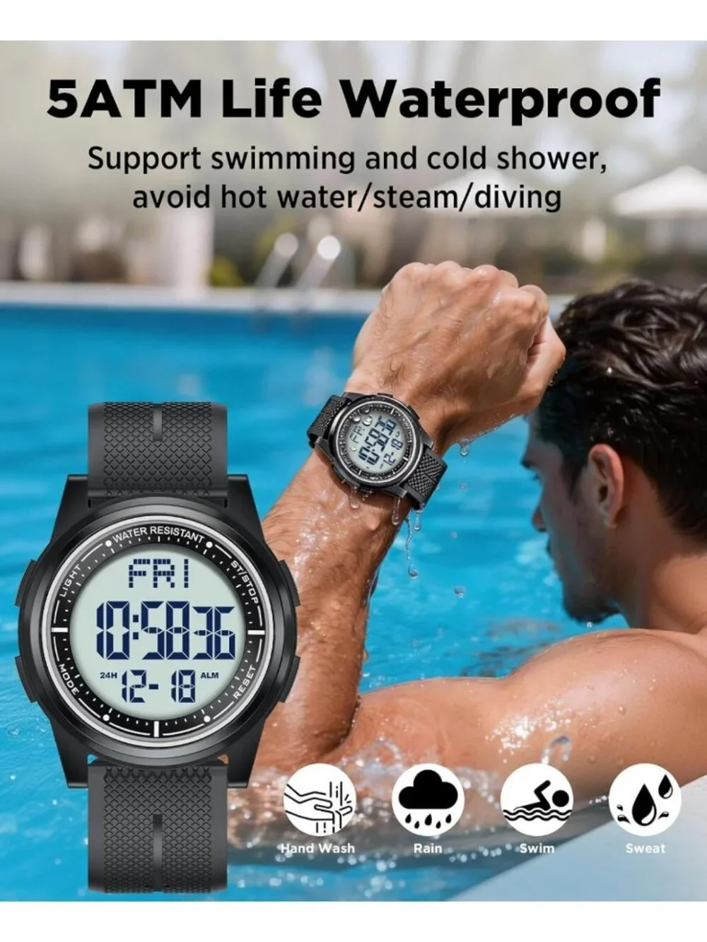 Ultra-Thin Waterproof Digital Sports Watch for Men & Women, 50M, Lightweight